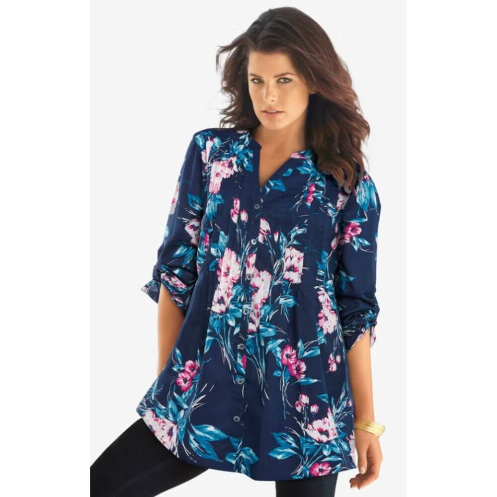 ROAMANS Dark Blue Floral Plus Sz 14 Cotton Button Up Pintuck Tunic Shirt NEW